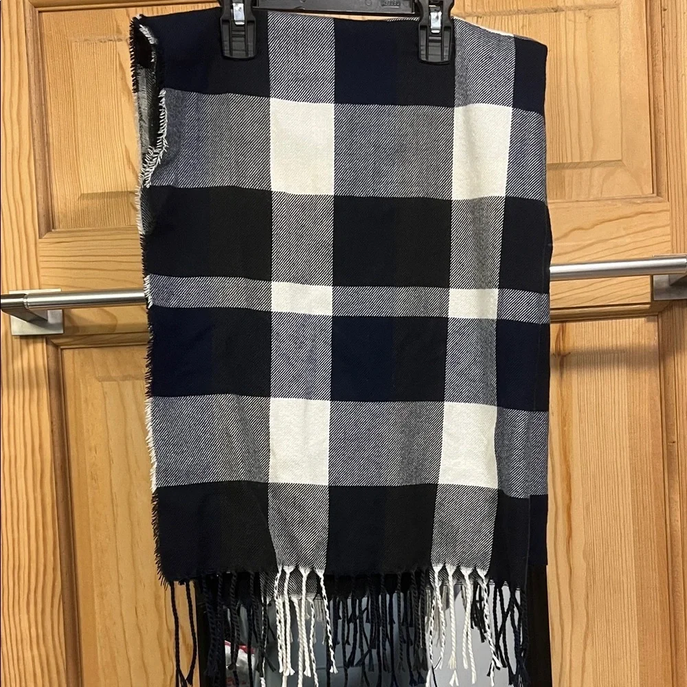 Blue and White Plaid Fringe Scarf Plush Apparel
